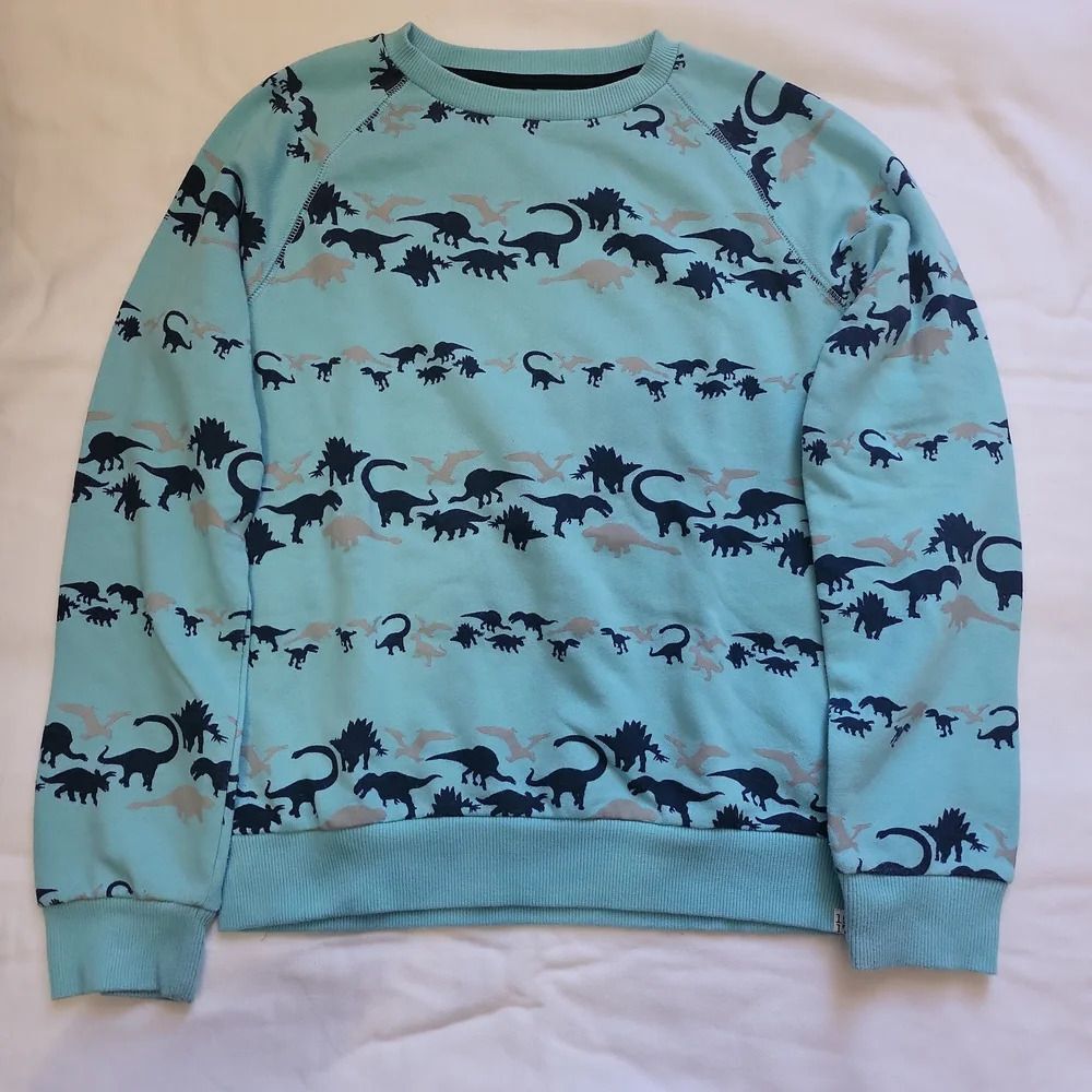 Sovereign Code Boys Turquoise Navy Gray Dinosaur Long‎ Sleeve Sweater Sz L 14-16